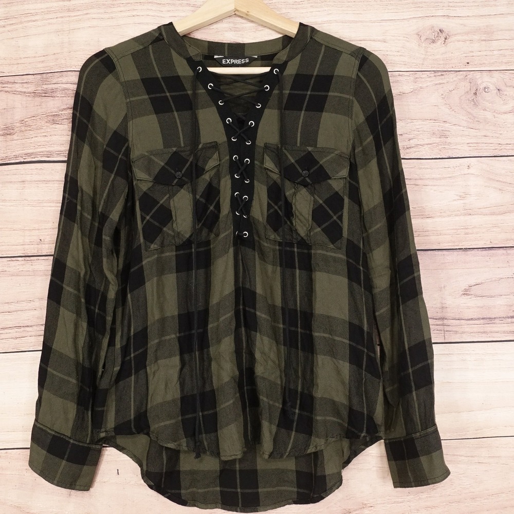 Express Shirt Womens XS Green Black Plaid Lace Up L/S Pockets Rayon Top -P2